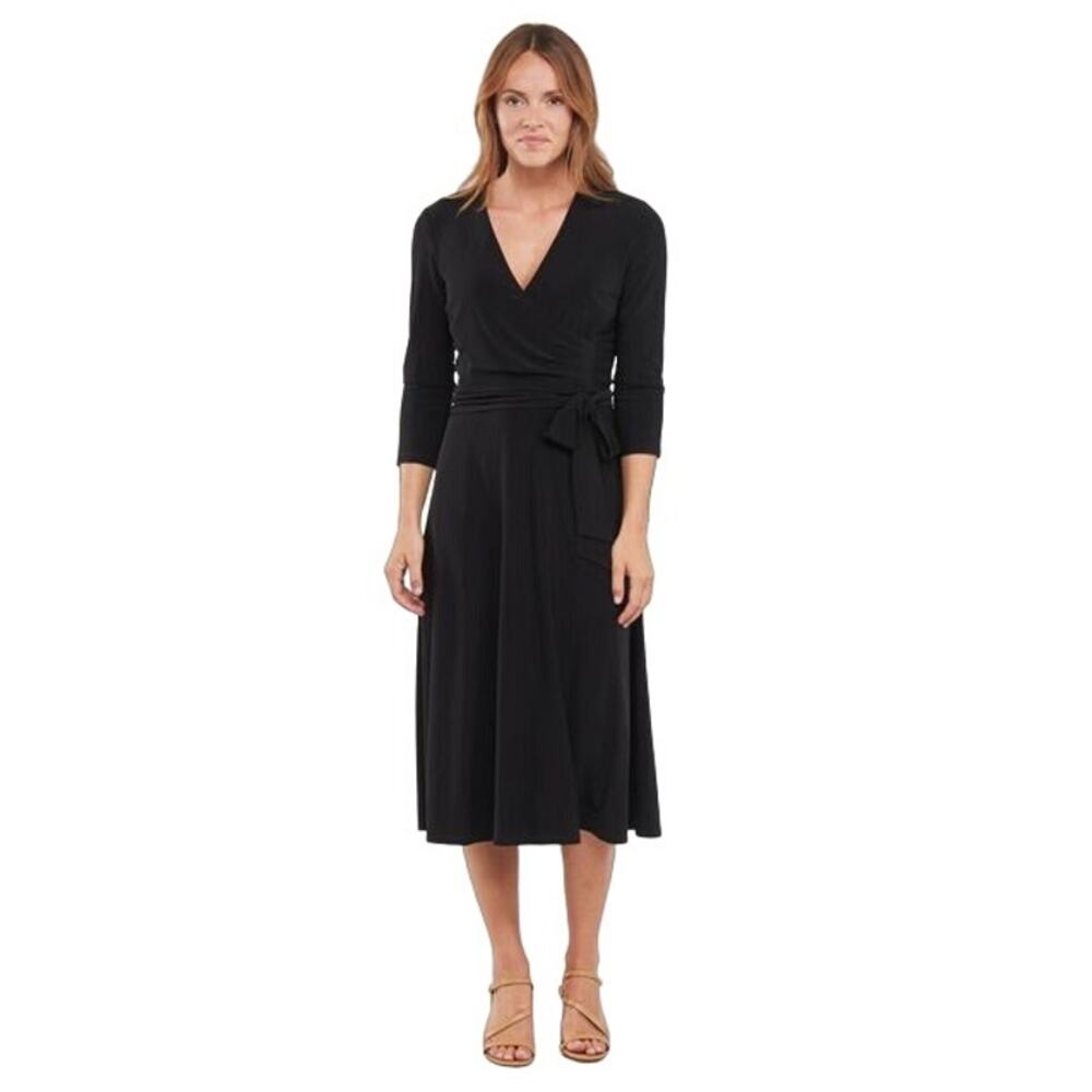 LAUREN Ralph Lauren Women's Black Belted V-Neck Fit & Flare Dress - Picture 2 of 11